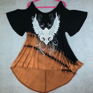 Vocal Made In Usa Rhinestone Gothic Grunge Y2k cold shoulder tunic size L